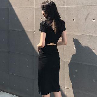 Short-sleeve Crisscross Back Sheath Dress