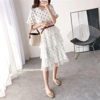 V-neck Dotted Mesh Dress With Belt