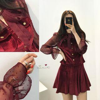 Mesh Panel Corduroy Long-sleeve Top / A-line Skirt