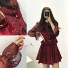 Mesh Panel Corduroy Long-sleeve Top / A-line Skirt