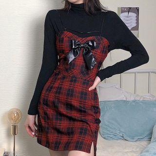 Spaghetti Strap Bow Plaid Mini Dress