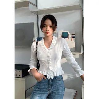 Frill Crop Ribbed Knit Cardigan