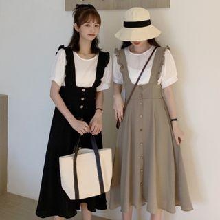 Short-sleeve Sheer Top / Suspender A-line Midi Skirt