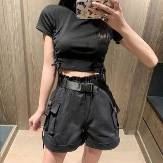 Lace-up Short-sleeve Cropped T-shirt / Cargo Shorts / Set