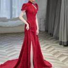 Puff-sleeve Faux Pearl Chained Back Mermaid Evening Gown