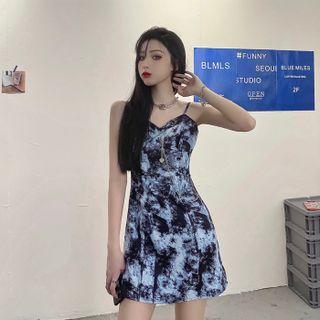 Spaghetti Strap Chained Tie-dye Mini A-line Dress