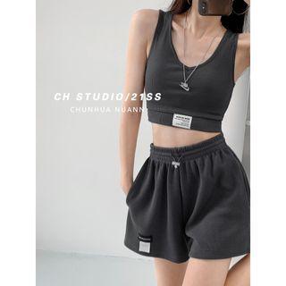 Labeled V-neck Crop Tank Top