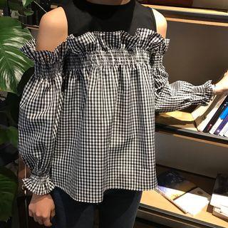 Mock Two-piece 3/4-sleeve Cold-shoulder Gingham Top Gingham - Black - One Size