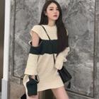Cold Shoulder Color Block Sweater Almond - One Size