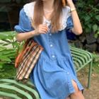 Puff-sleeve Collared Denim Mini A-line Dress Blue - One Size