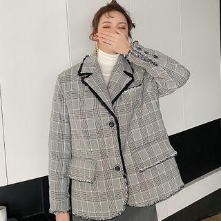 Plaid Fray Hem Single-breasted Jacket