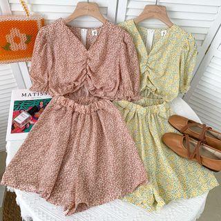Cutout-waist Ruched Floral Playsuit In 8 Colors