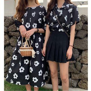 Floral Short-sleeve Shirt / Elbow-sleeve Midi Dress