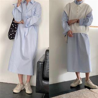 Plain Long-sleeve Loose-fit Shirtdress / Sleeveless Polo-shirt