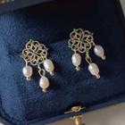 Freshwater Pearl Alloy Fringed Earring 1 Pair - C-704 - Gold & White - One Size
