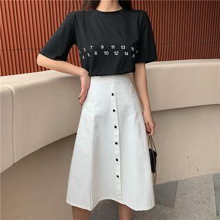 Set: Short-sleeve Numbering T-shirt + Midi A-line Skirt
