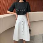 Set: Short-sleeve Numbering T-shirt + Midi A-line Skirt