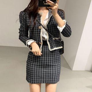 Set: Contrast Trim Plaid Knit Jacket + Mini Skirt