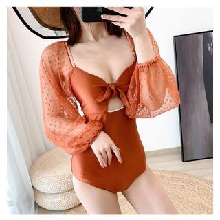 Mesh Panel Balloon-sleeve Swimsuit