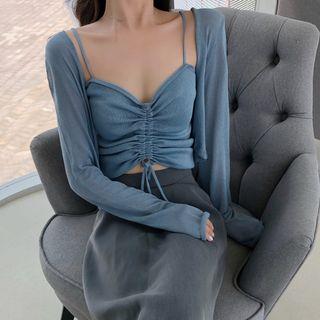 Spaghetti Strap Drawstring Knit Top / Open-front Light Cardigan