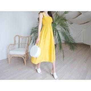 Square-neck Sleeveless Smocked Long Dress