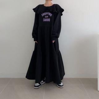 Long-sleeve Lettering Maxi Collared Dress