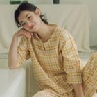 Set: 3/4-sleeve Plaid Top + Pants