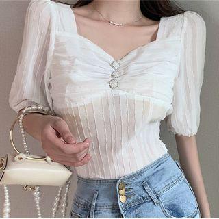 Puff-sleeve Square Collar Plain Crop Top