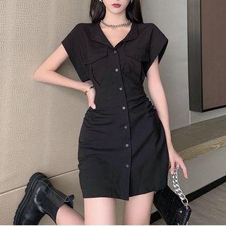 Cap-sleeve Plain Shirt Dress