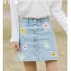 Floral Print Button-front Denim Skirt