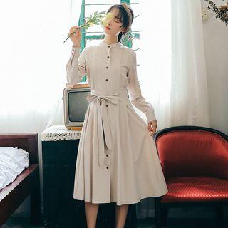 Button-front Long-sleeve Tie-waist Dress