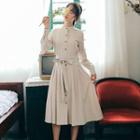 Button-front Long-sleeve Tie-waist Dress