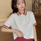 Rainbow Striped Panel Cropped Polo Shirt