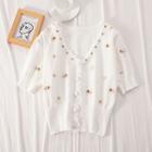 Floral Embroidered Short-sleeve Cardigan Knit Top - As Shown In Figure - One Size