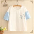 Color-block Sleeve Pig Print Round-neck Top