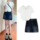 Short-sleeve Zip-up Polo Shirt / Washed A-line Denim Skirt