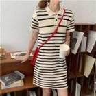 Striped Knit Mini A-line Polo Dress