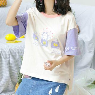 Cat & Fish Print Short-sleeve Top