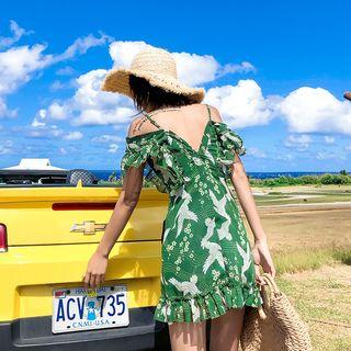 Cranes Print Spaghetti Strap Dress