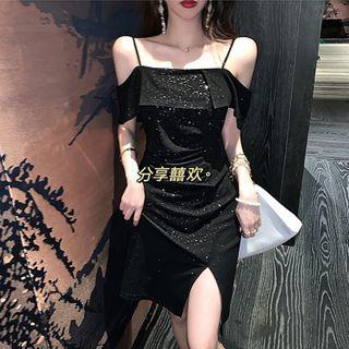 Cold-shoulder Glitter Slit Mini Sheath Dress