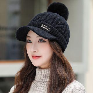 Lettering Applique Pom Pom Knit Cap