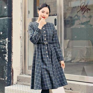 Round-neck Checked A-line Dress With Sash
