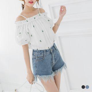 Mid-rise Frayed Denim Shorts