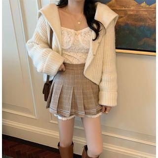 Long-sleeve Lace Top / Pleated Mini A-line Skirt / Cardigan