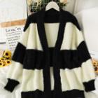 Open-front Colorblock Furry-knit Cardigan Almond - One Size