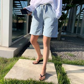 Drawstring-waist Cotton Shorts Light Blue - One Size
