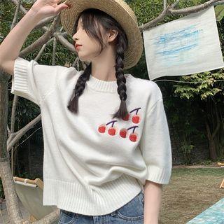 Short-sleeve Cherry Embroidered Knit Top Red & Pink & White - One Size