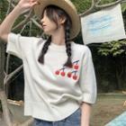 Short-sleeve Cherry Embroidered Knit Top Red & Pink & White - One Size