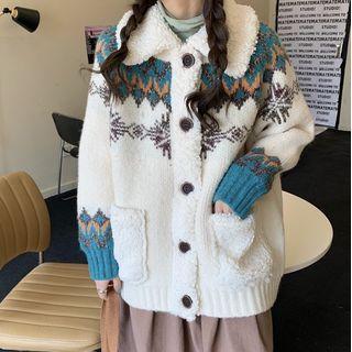 Faux Shearling Trim Snowflake Print Cardigan
