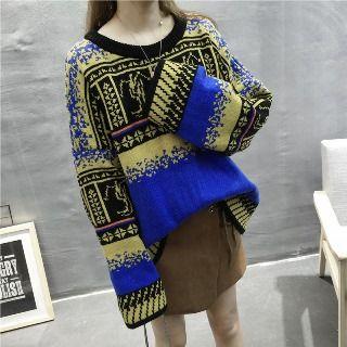 Long-sleeve Printed Loose-fit Knit Top